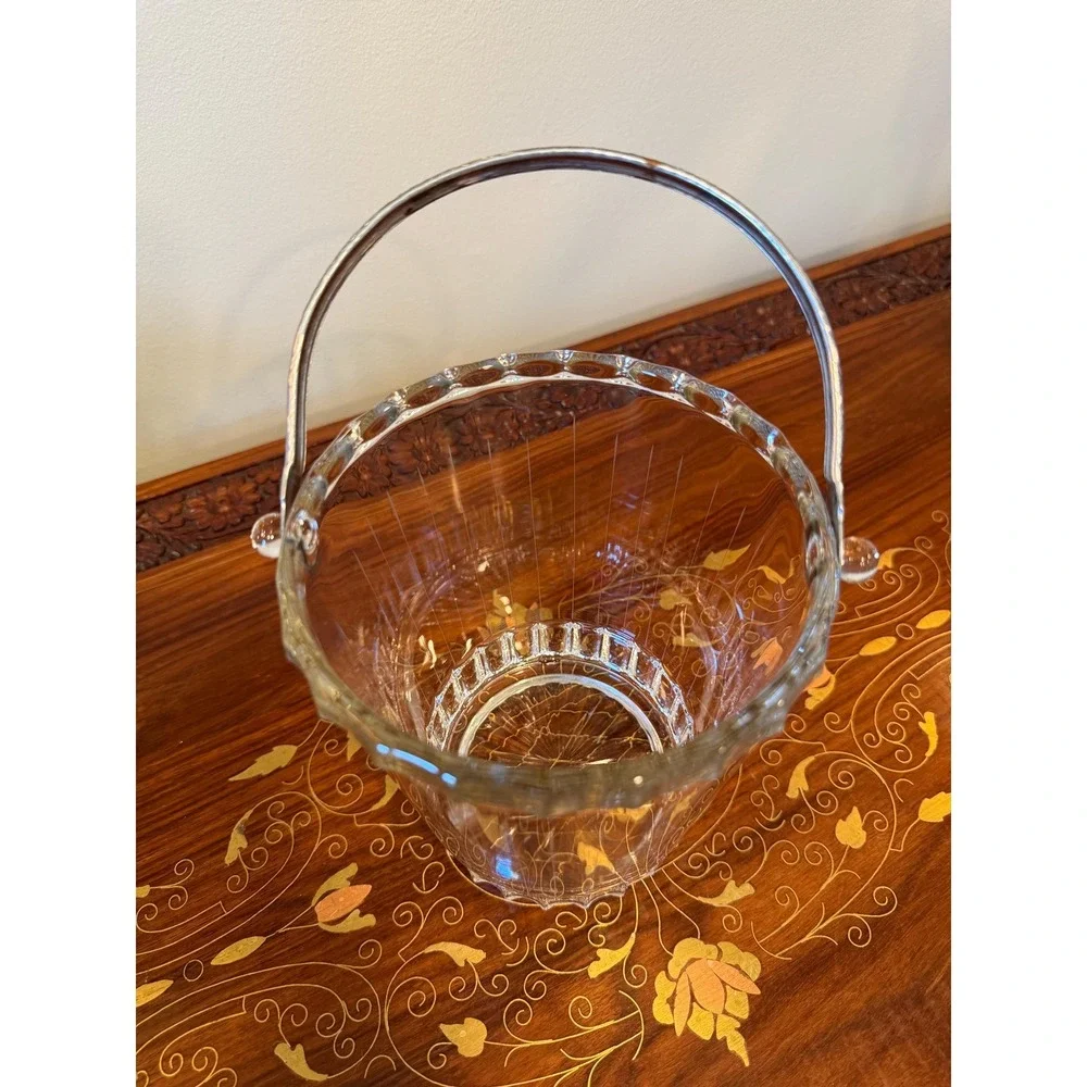 Vintage Glass Ice Bucket with Metal Handle Mid Century Barware‎